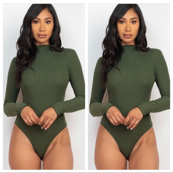 WOMEN’S OLIVE GREEN RIBBED LONG SLEEVE MOCK NECK THONG BODYSUIT - Picture 1 of 4